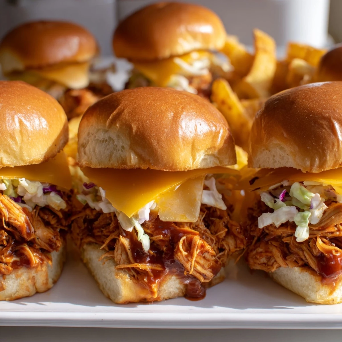 Tender shredded BBQ chicken on slider buns, paired with golden, crunchy fries.  