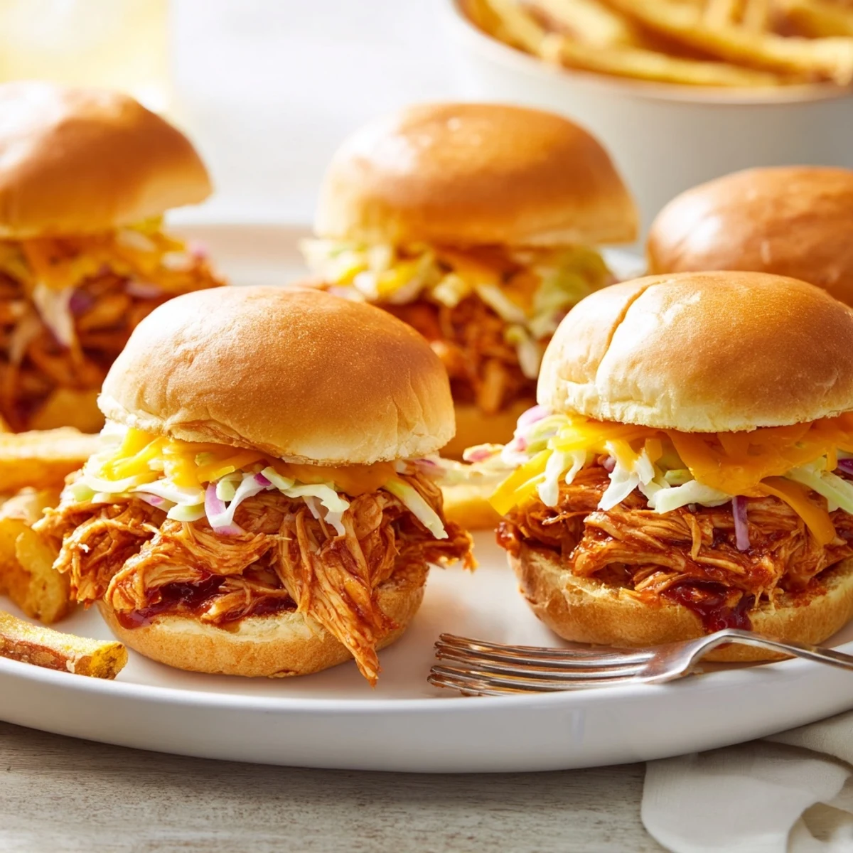 Delicious BBQ chicken sliders topped with coleslaw, enjoyed with homemade fries.