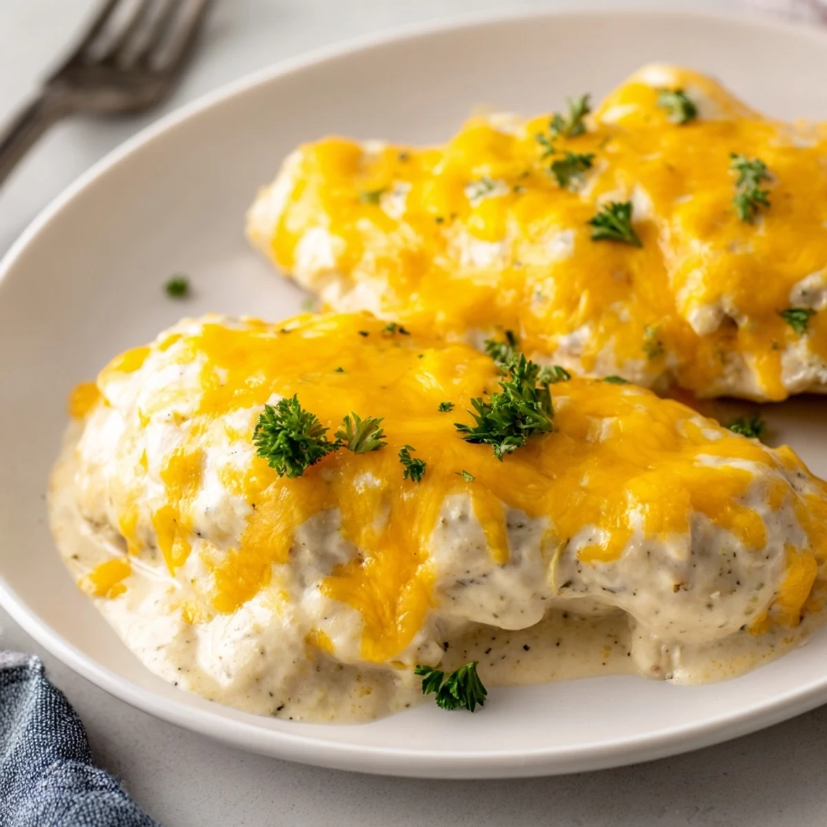 Juicy Cheddar Ranch Chicken Bake topped with golden cheese and fresh herbs.  