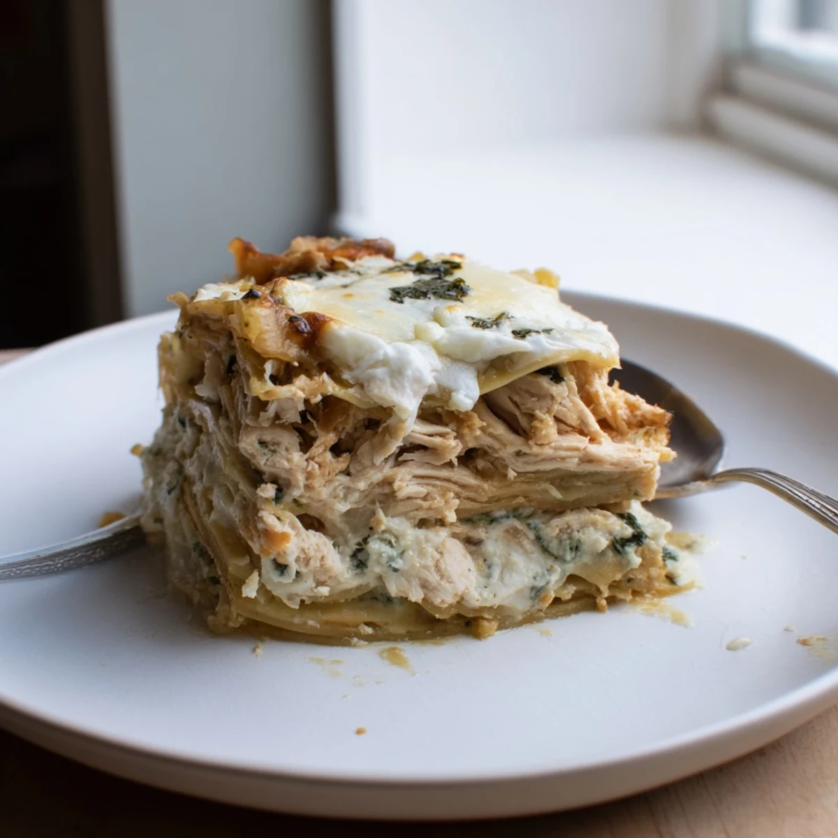 Comforting rosemary chicken lasagna, bubbling with cheese and aromatic herbs fresh from the oven.  