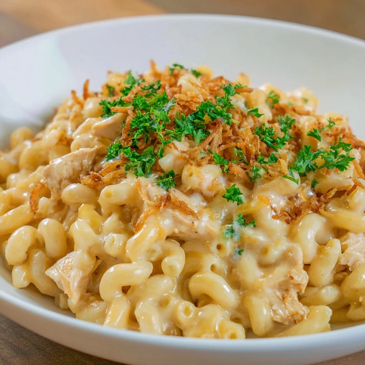 Golden, cheesy One-Pot Honey BBQ Chicken Mac and Cheese steams invitingly from a large skillet.