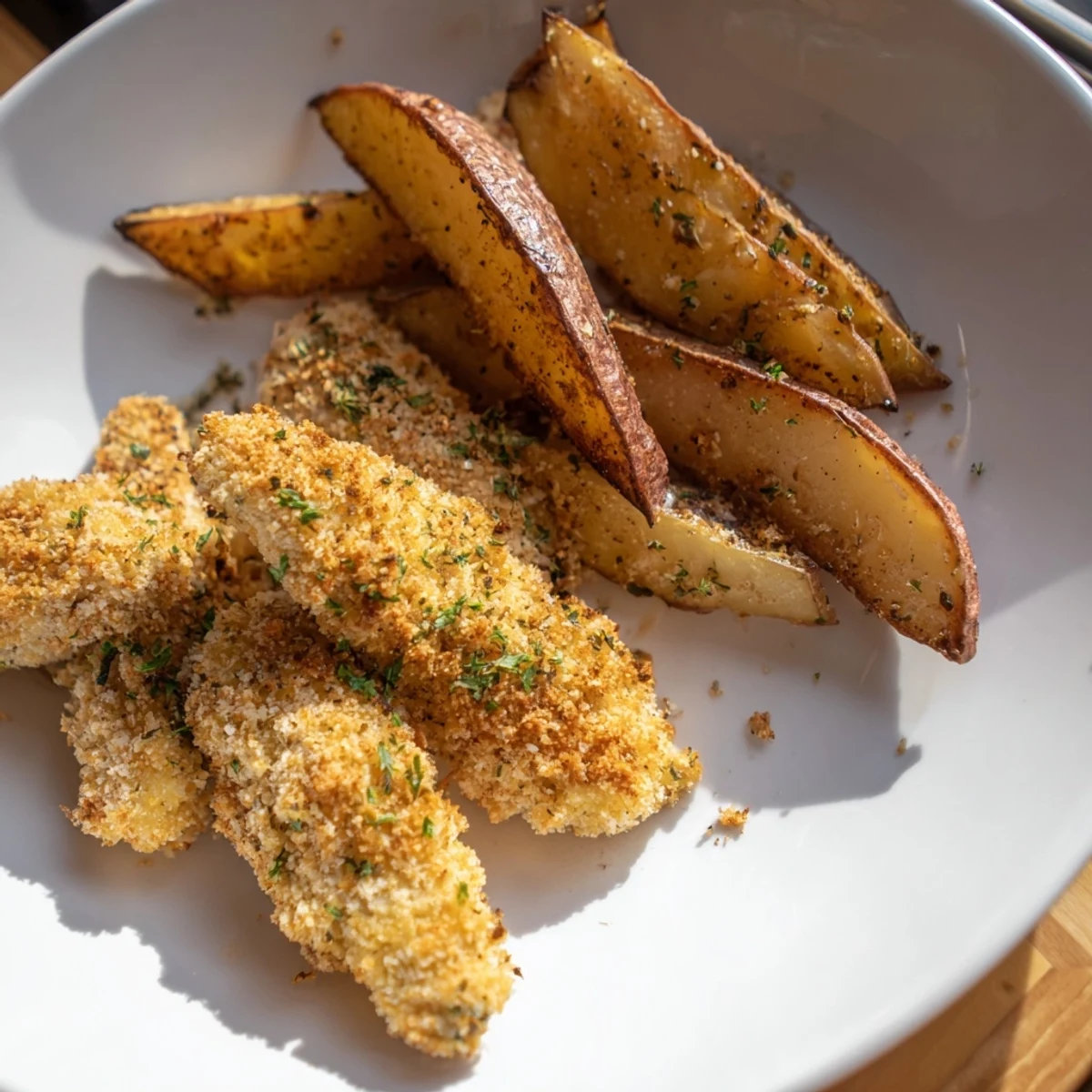 Crispy, golden potato wedges alongside juicy herbed chicken tenders; a delicious family meal.