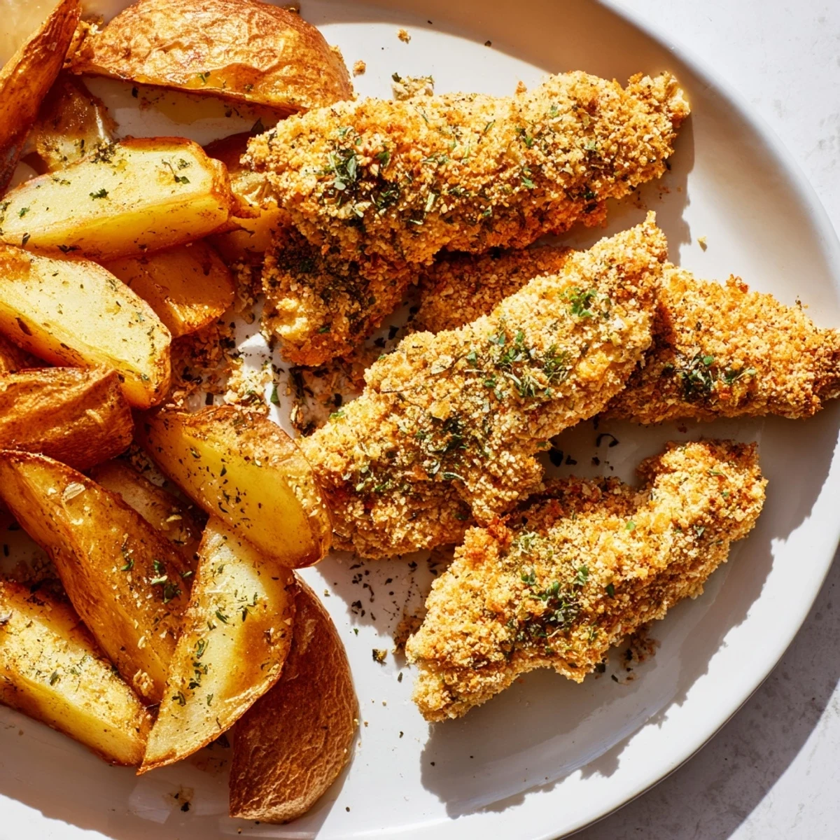 The savory aroma of these herbed chicken tenders & potato wedges fills the kitchen--a wholesome dinner.