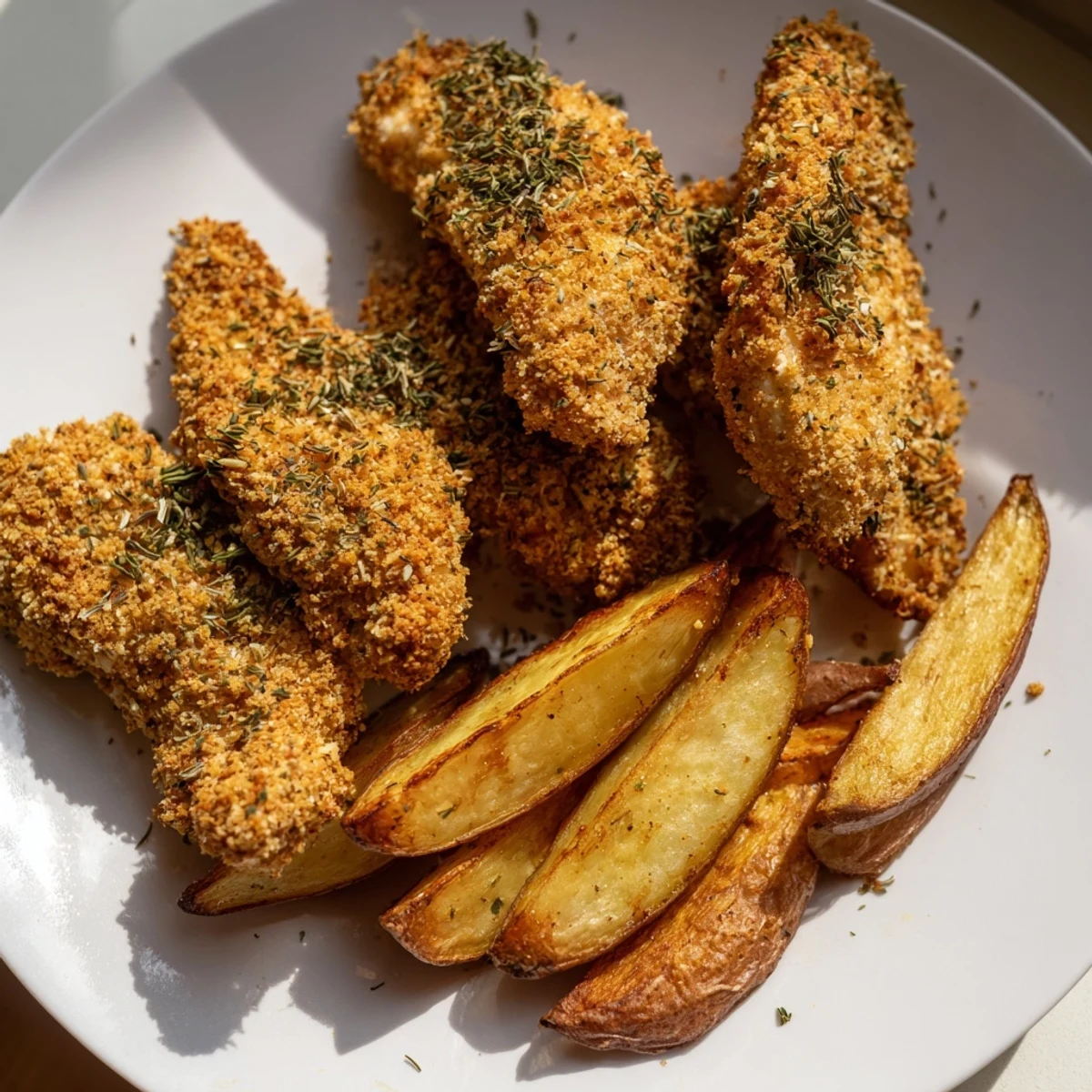 Close up: perfectly cooked herbed chicken tenders and potato wedges, ready to enjoy with a squeeze of lemon.