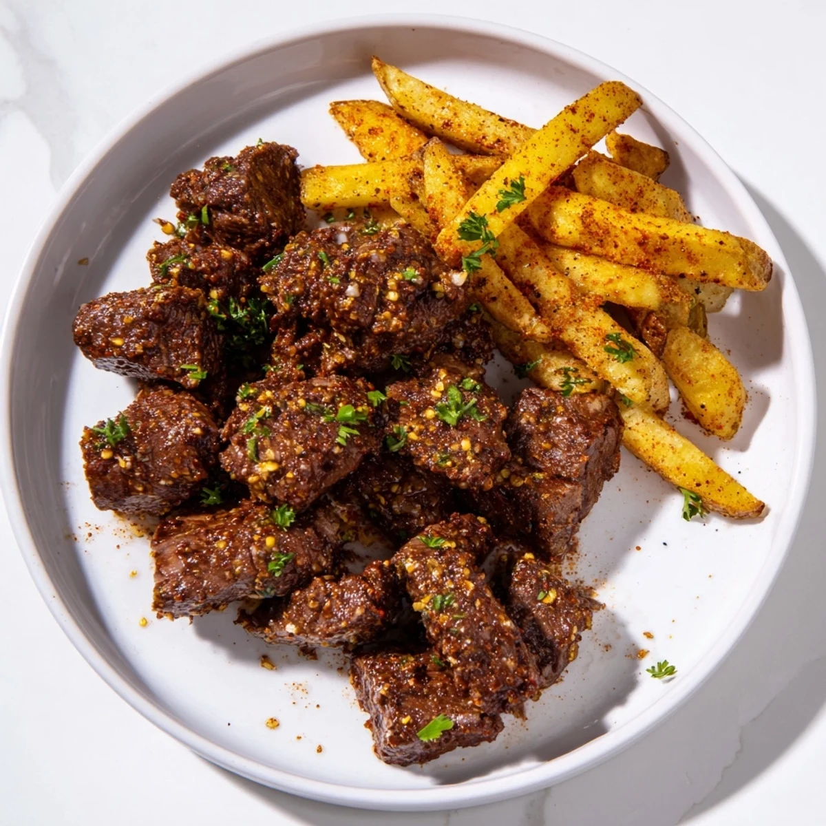 Blackened Cajun Steak Bites with perfectly seared edges, served alongside a pile of golden-brown fries.
