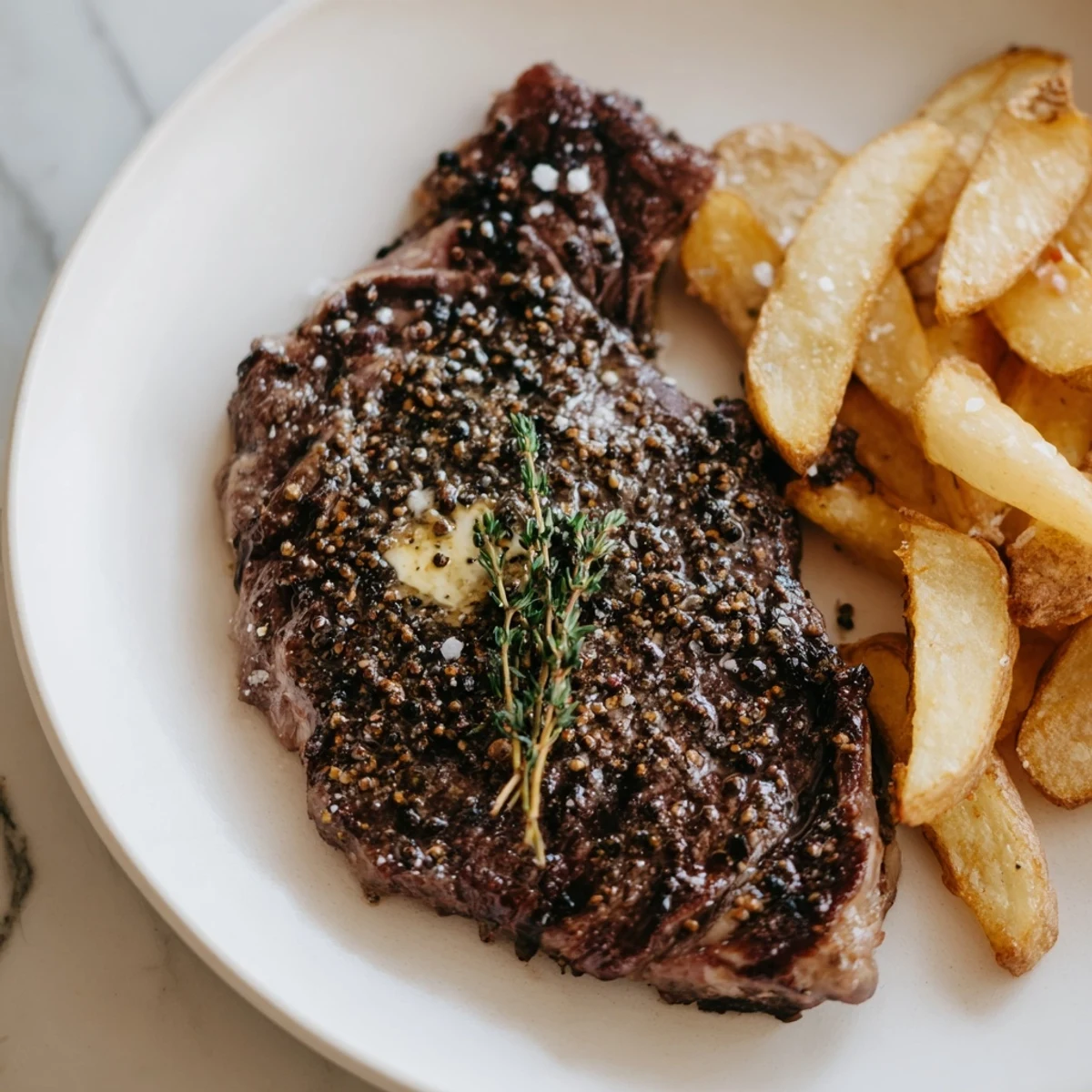 Sizzling Classic Peppercorn Ribeye, perfectly seared, contrasted beautifully with golden, crispy fries on a plate.