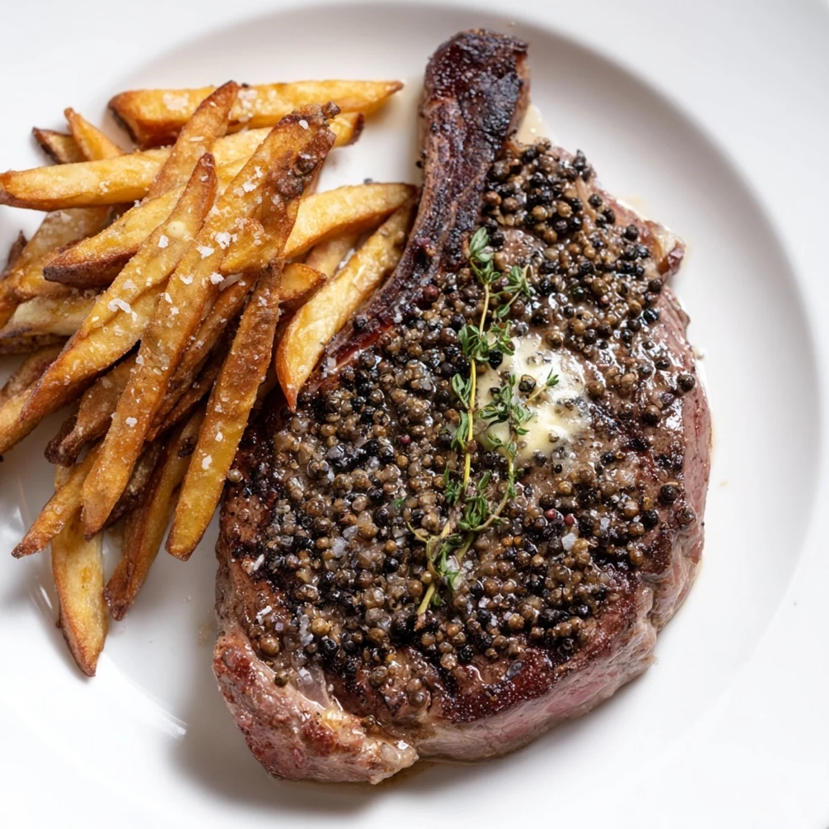 A close-up of a juicy Classic Peppercorn Ribeye, featuring a peppercorn crust and served with side of crispy fries.