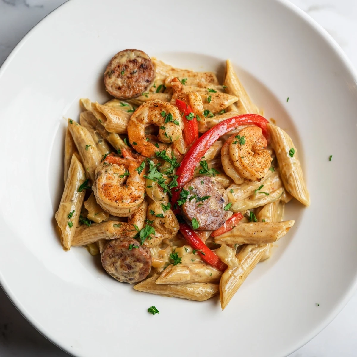 A close-up of a delicious and flavorful Cajun Sausage & Shrimp Alfredo Pasta Skillet, perfect for dinner.