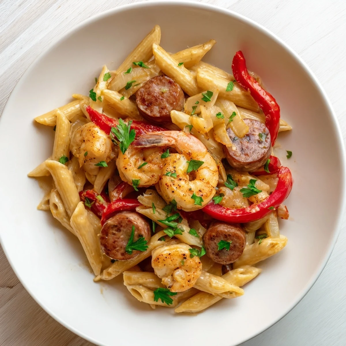 Cajun Sausage & Shrimp Alfredo Pasta Skillet sizzling with shrimp, sausage, and a rich, creamy sauce.