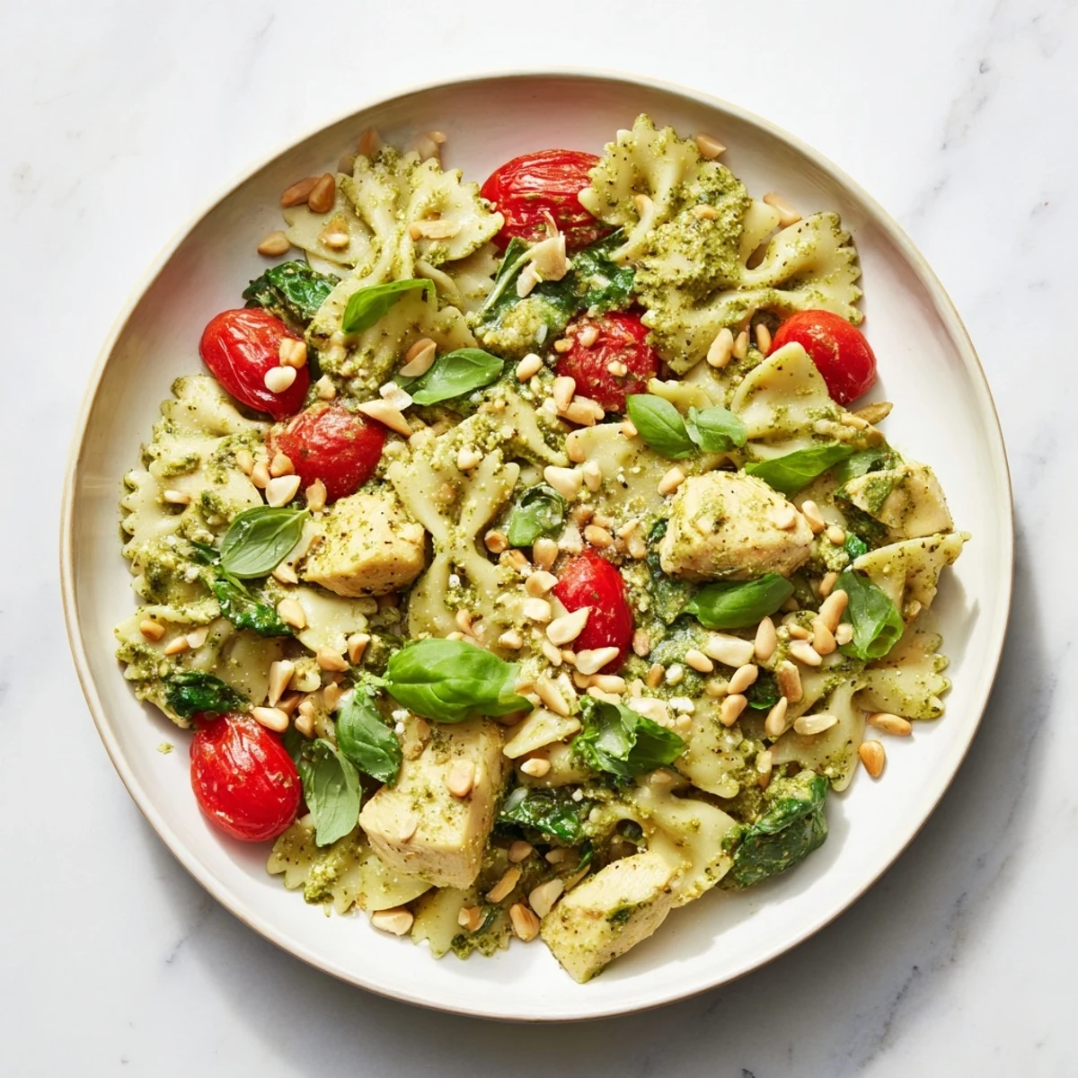 A close-up of steaming Pesto Chicken Bowtie Pasta, showcasing tender chicken and fresh basil pesto.