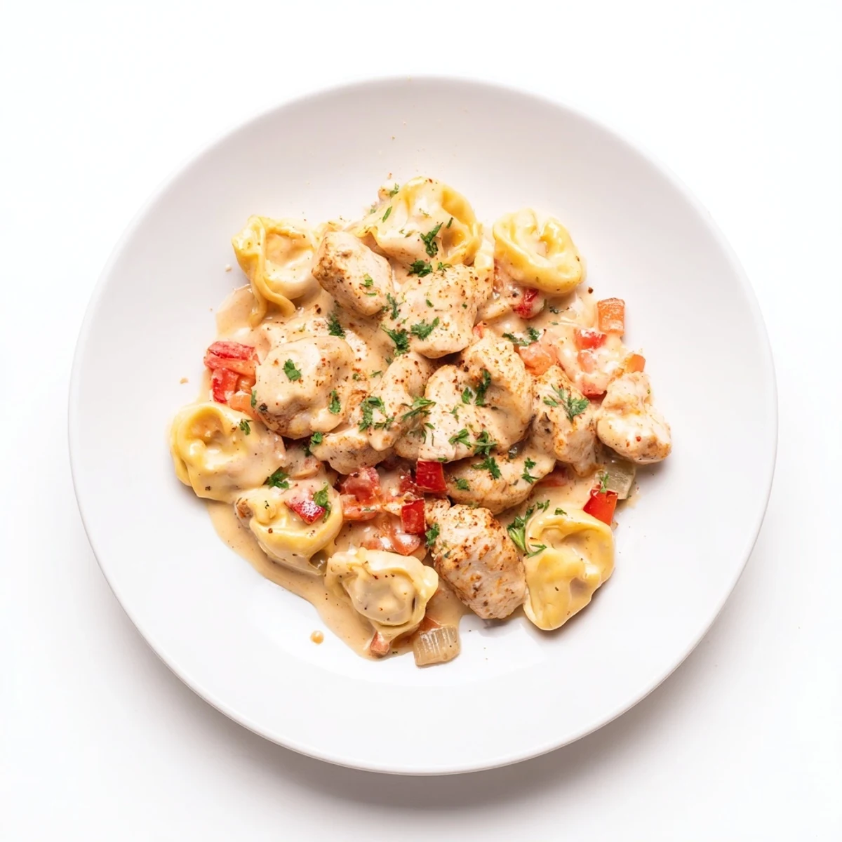 Creamy Zesty Cajun Garlic Parmesan Chicken Tortellini, glistening and ready to savor: a quick, flavorful dinner.