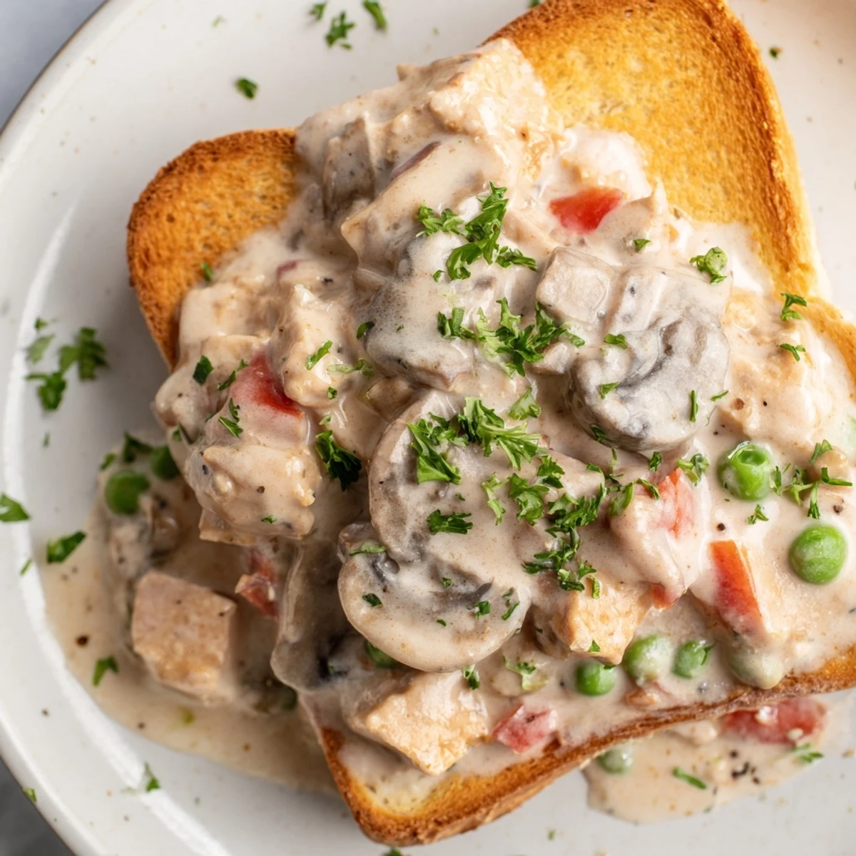 Creamy chicken à la king over buttered toast: a comforting, flavorful main dish with vibrant vegetables.