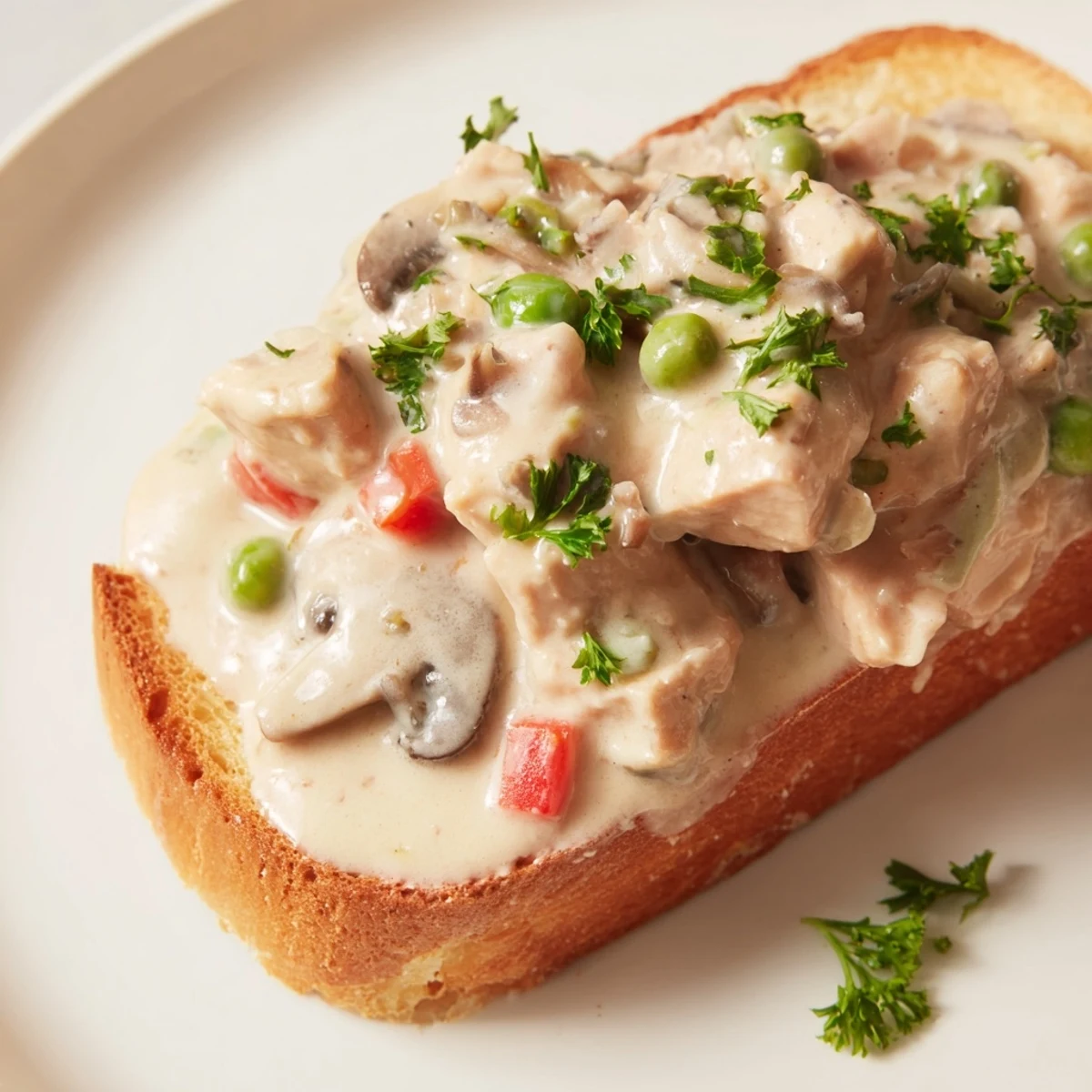 This photo shows a hot chicken à la king, a classic comfort food served perfectly over toasted bread.