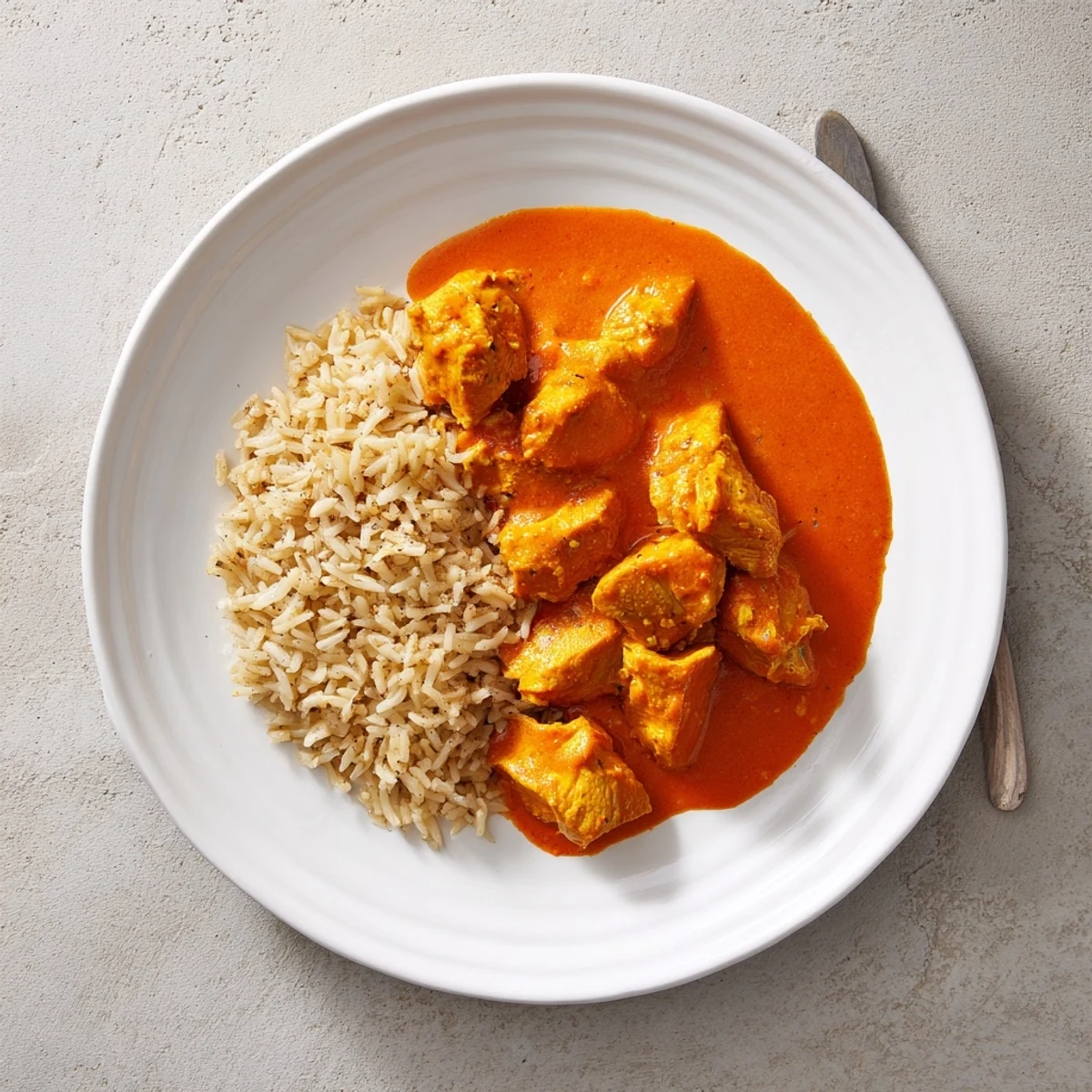 Butter Chicken & Rice Pilaf: A steaming bowl of creamy chicken and fluffy rice, ready to enjoy.