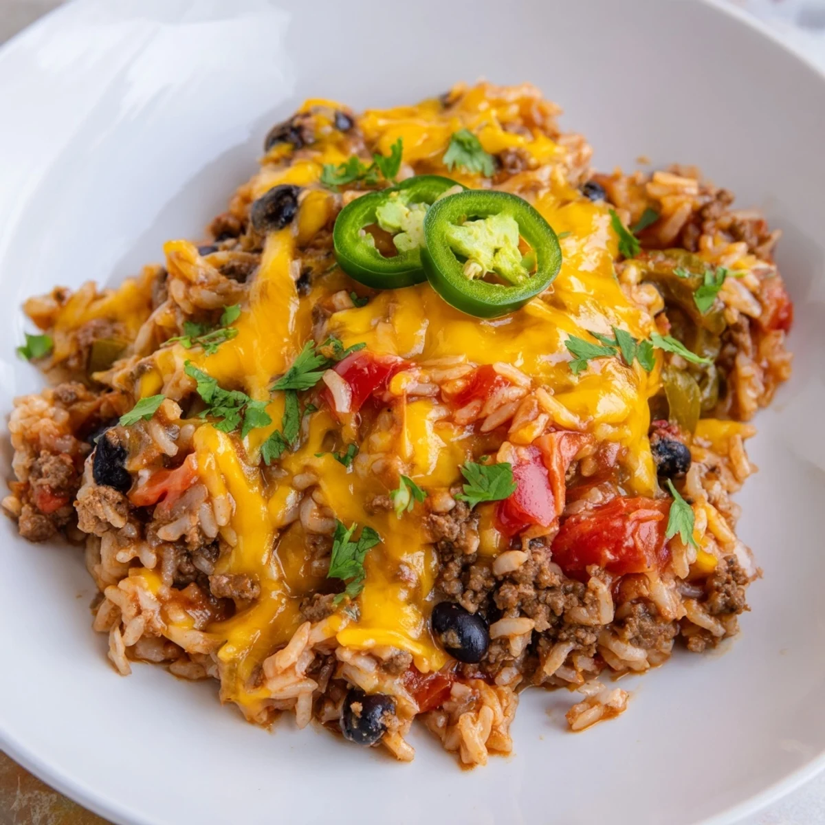 Steaming Tex-Mex Beef & Rice Casserole bubbling with melted cheese and fresh cilantro, a flavorful main dish.