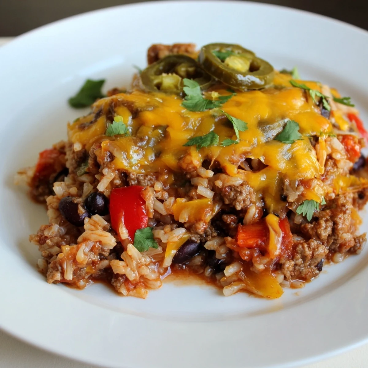 A golden-brown Tex-Mex Beef & Rice Casserole, a comforting blend of rice, beef, and spicy flavors.