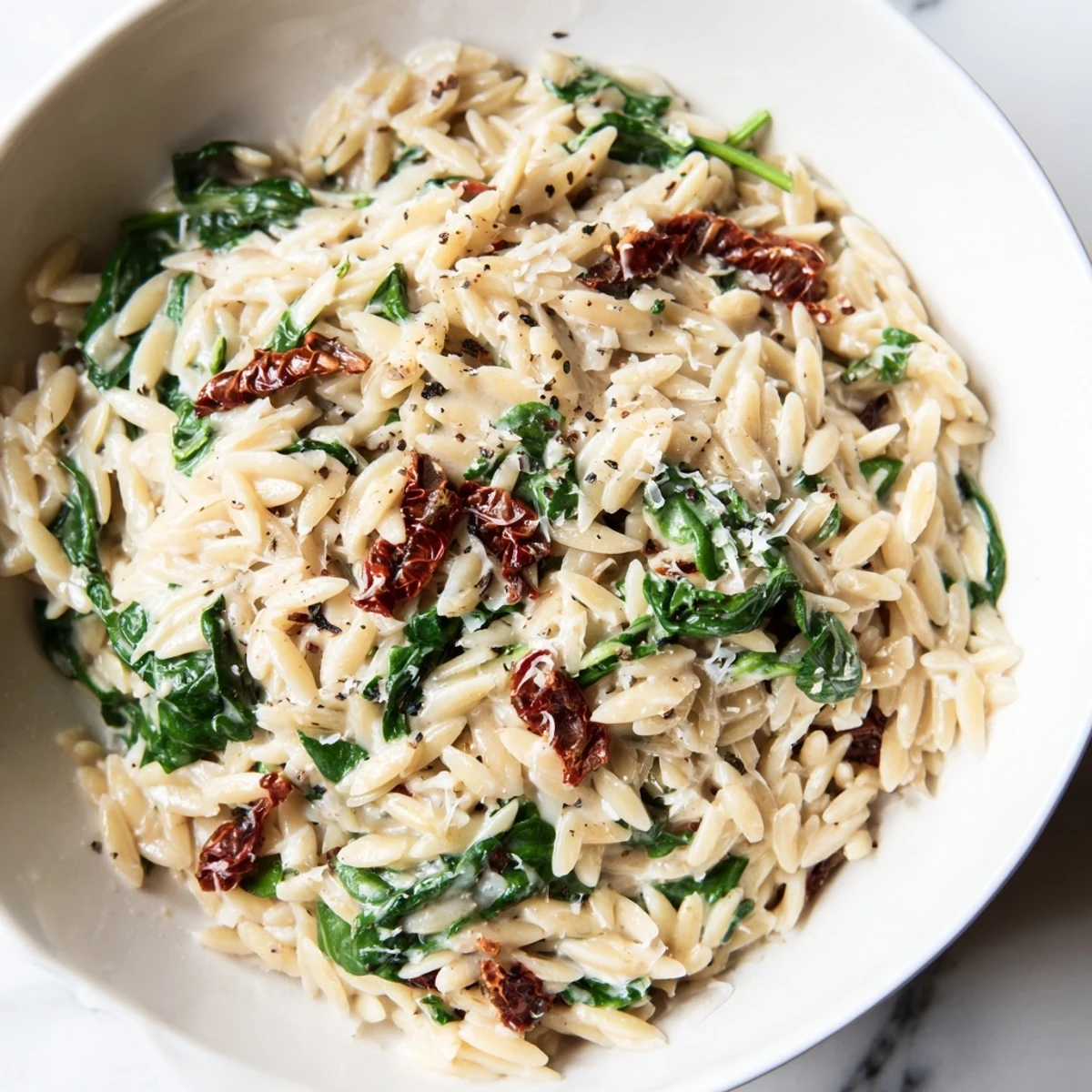 Creamy Tuscan Orzo Bowl with sun-dried tomatoes and spinach, a vegetarian Italian delight.