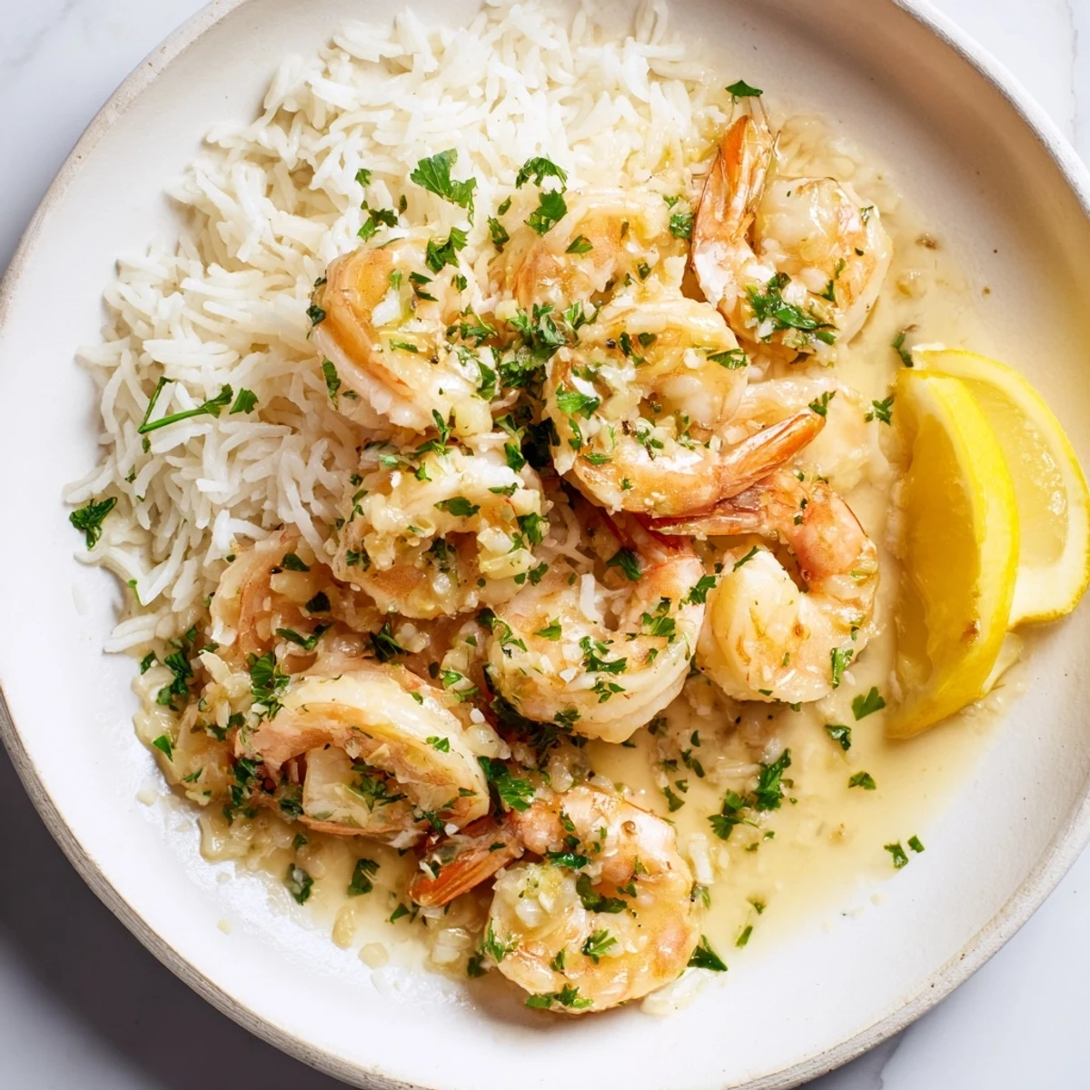 Golden garlic butter shrimp rice bowl—fluffy rice topped with flavorful shrimp and herbs, ready to be enjoyed!