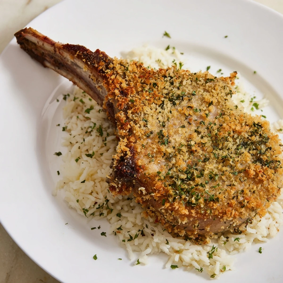 Golden-crusted Parmesan Herb Pork Chops served alongside fluffy rice, ready for a delicious dinner.