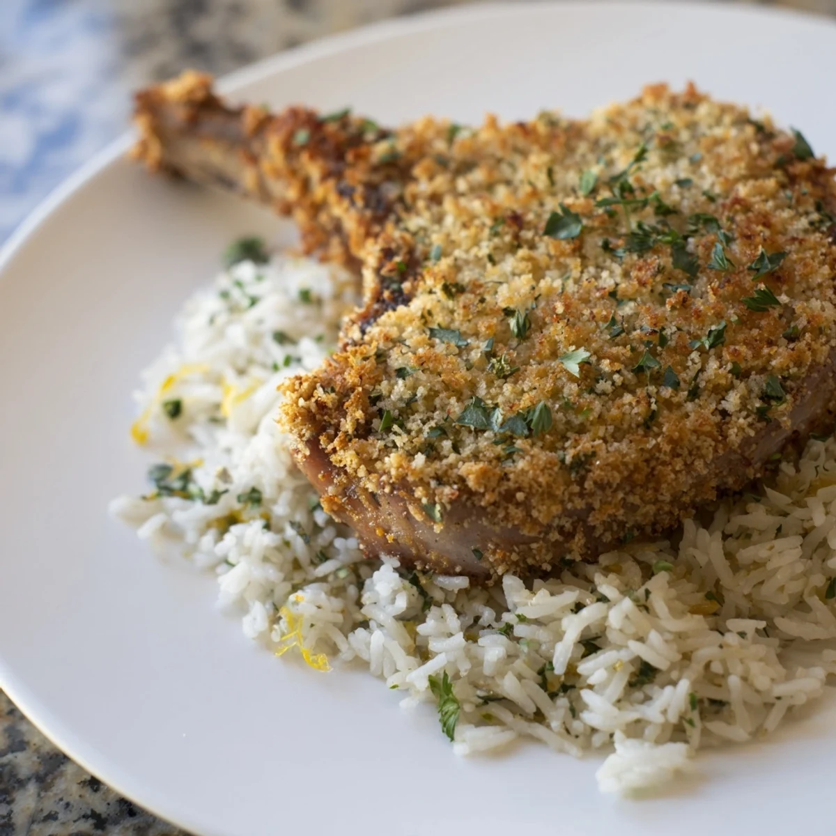 A close-up of Parmesan Herb Pork Chops, showing the crispy herb crust and tender, juicy meat.