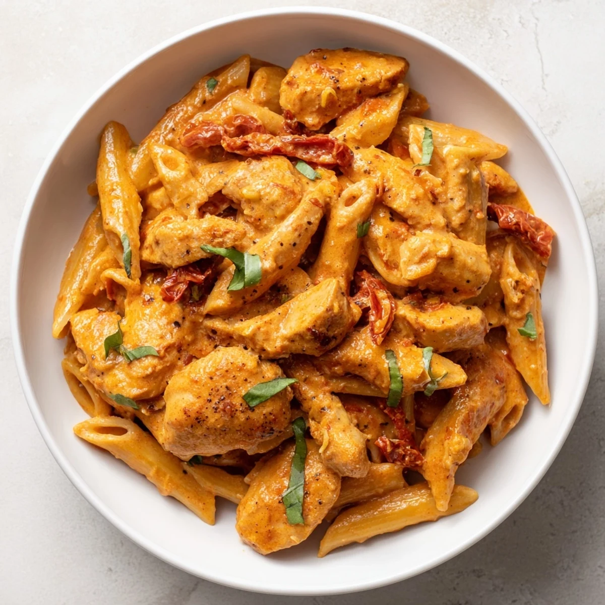 Creamy Tomato Basil Chicken Pasta glistening with a rich, tomato sauce and fresh basil garnished on top.