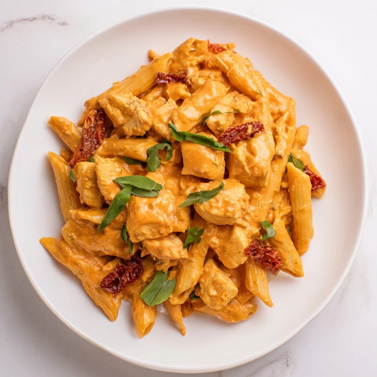A bowl of this Creamy Tomato Basil Chicken Pasta showcases perfectly cooked pasta and tender chicken pieces.