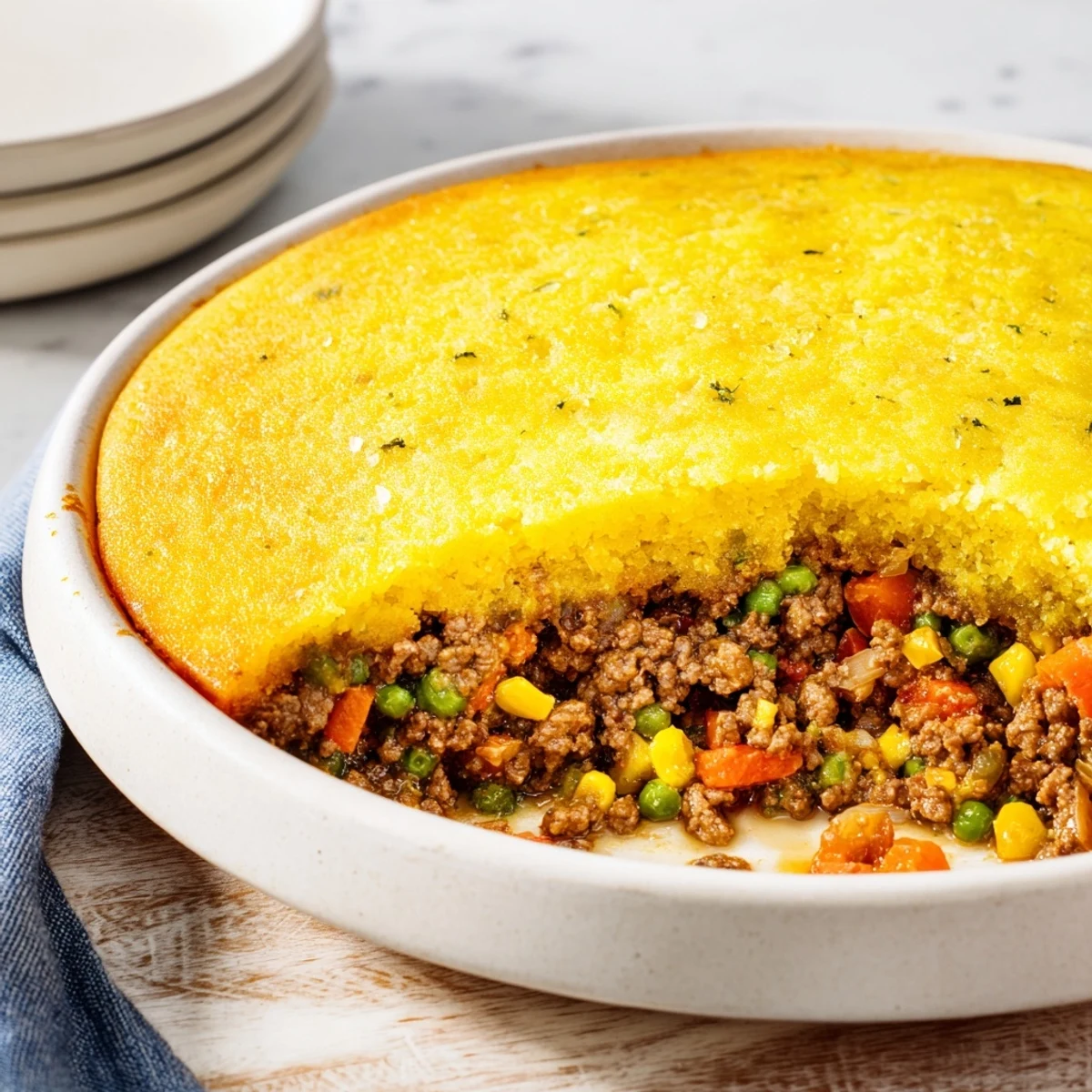 A steaming slice of Cornbread Crusted Beef Pie, showcasing a golden crust and savory filling.