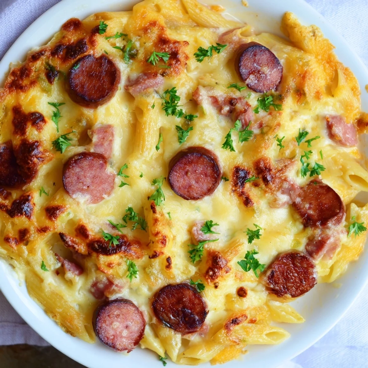 A close-up of a bubbling Smoked Sausage & Cheddar Pasta Bake, ready for serving after baking.