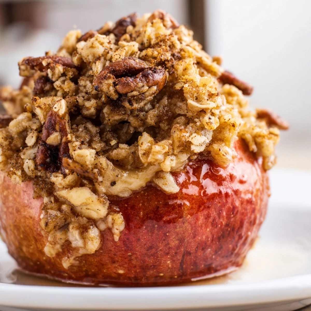 Golden, baked Apples with Oat-Nut Crumble, offering a warm aroma, ready to serve with creamy yogurt.