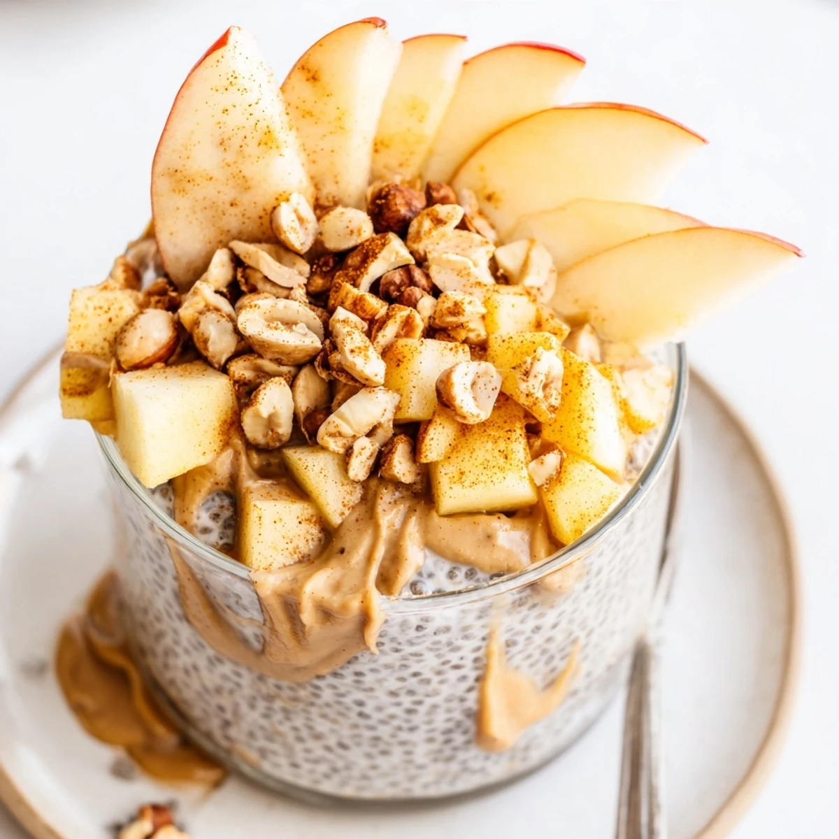 Creamy Apple-Chia Pudding with peanut butter swirls, topped with diced apples and peanuts, ready to eat!