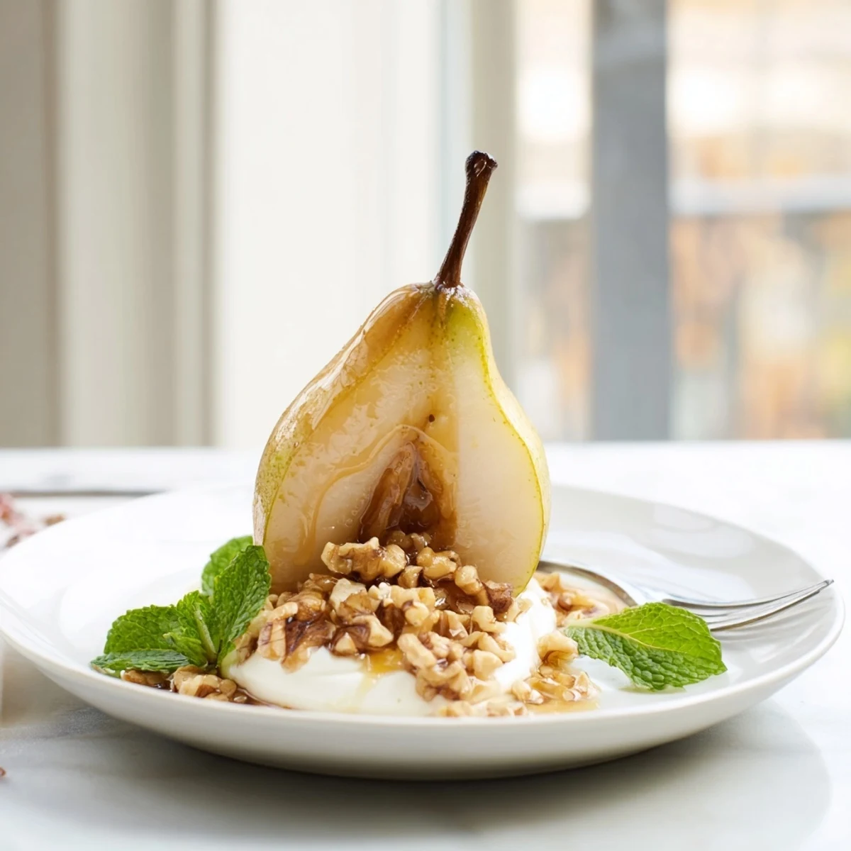 Enjoy the sweet aroma; roasted pears, tender and glazed, paired with crunchy walnuts and Greek yogurt.