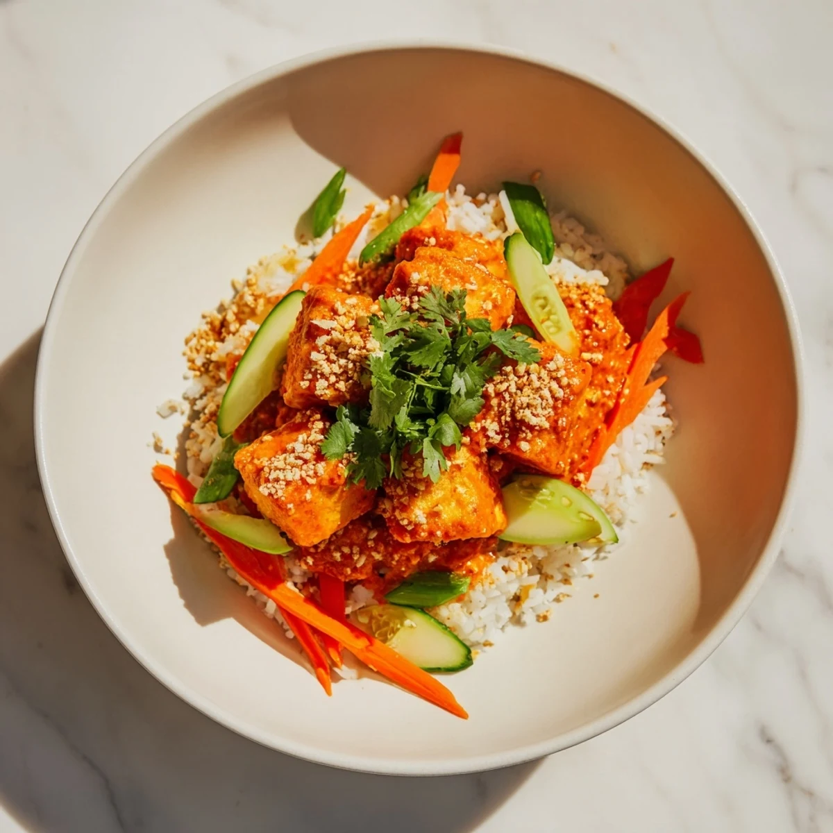 Golden, crispy chili-mayo baked tofu bowls, a flavorful vegetarian meal with fresh vegetables and rice.
