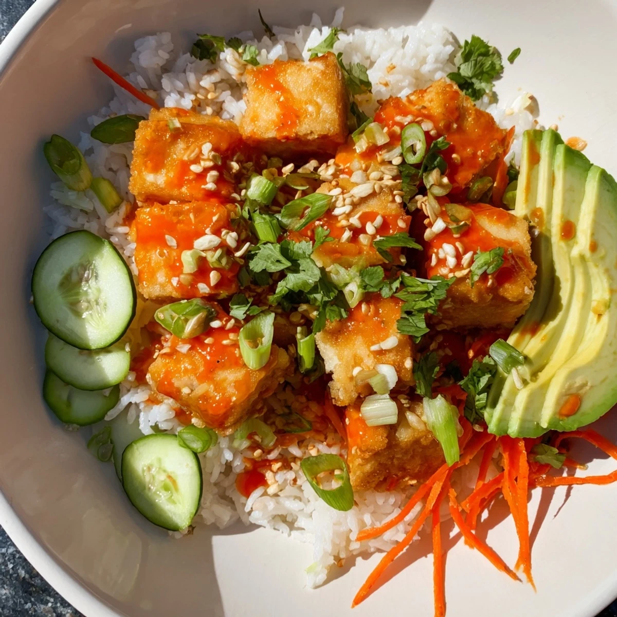 Enjoy a delicious vegetarian meal: the chili-mayo baked tofu bowls, ideal for a quick weeknight dinner.