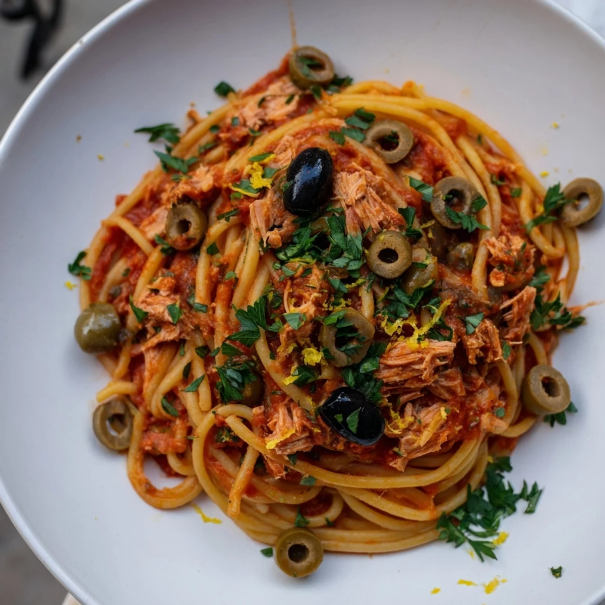 Pasta with Tuna, Olives & Capers: A close-up view of the finished dish, ready to be enjoyed.