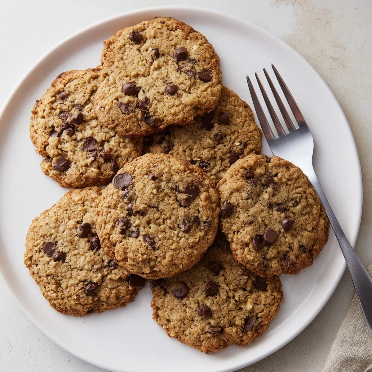 Close-up of moist, delicious Oat-Banana Chocolate Chip Cookies, ideal with a cold glass of milk.