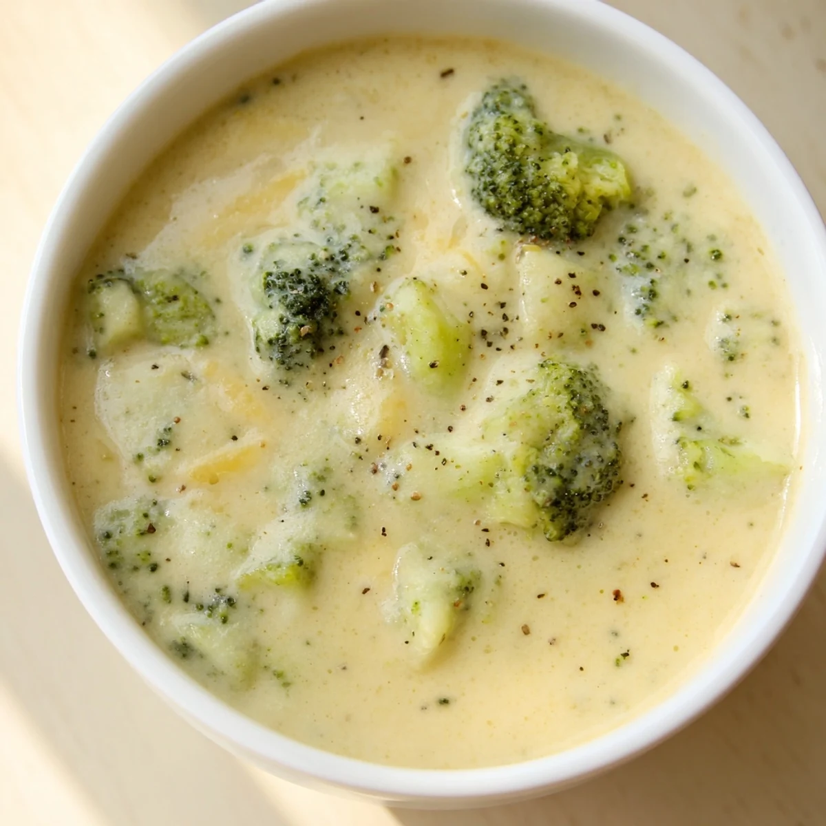 A steaming bowl of creamy Broccoli Cheese Soup, garnished with cheese and pepper.