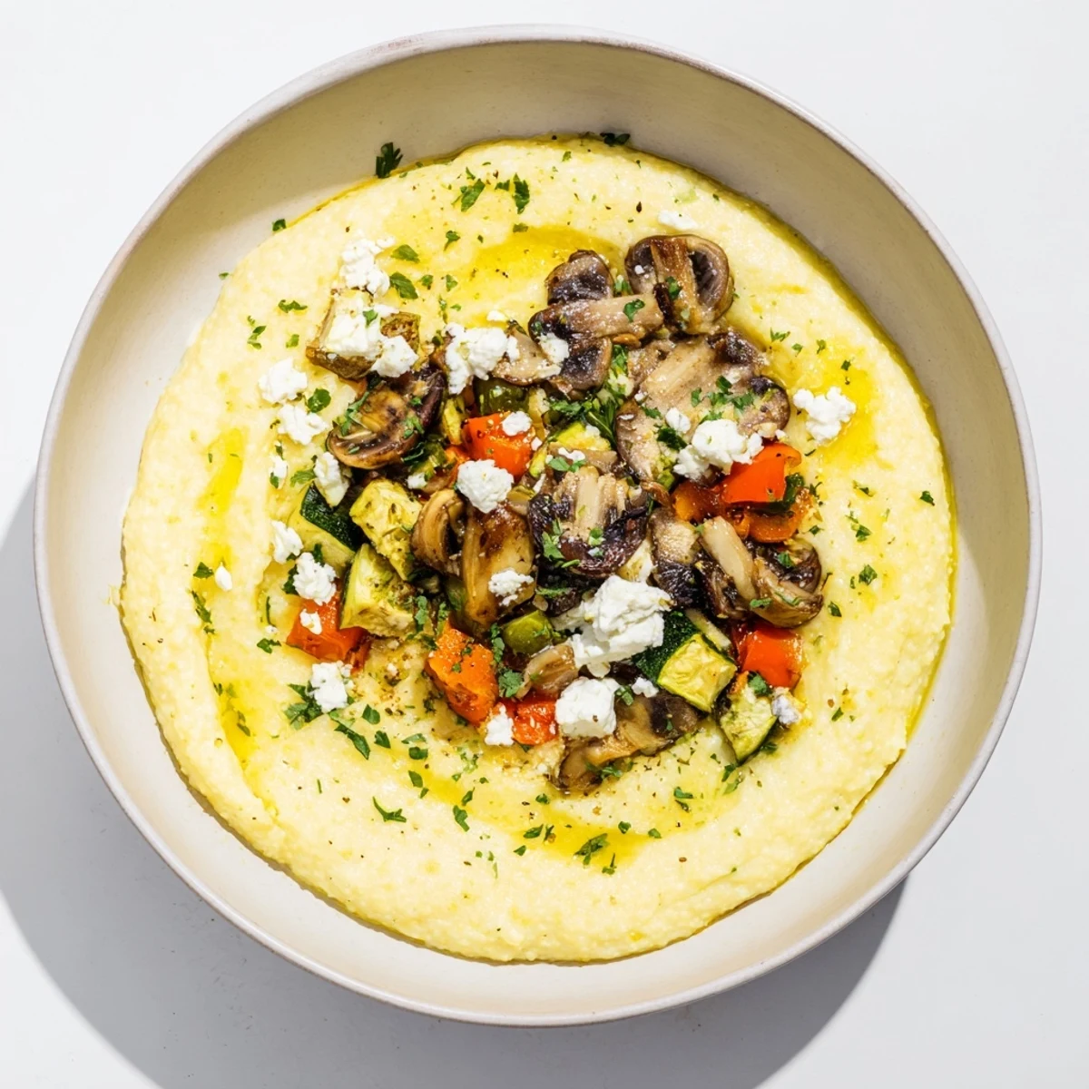 A steaming bowl of comforting Cornmeal Mush Polenta Bowls, topped with fried eggs and fresh herbs.