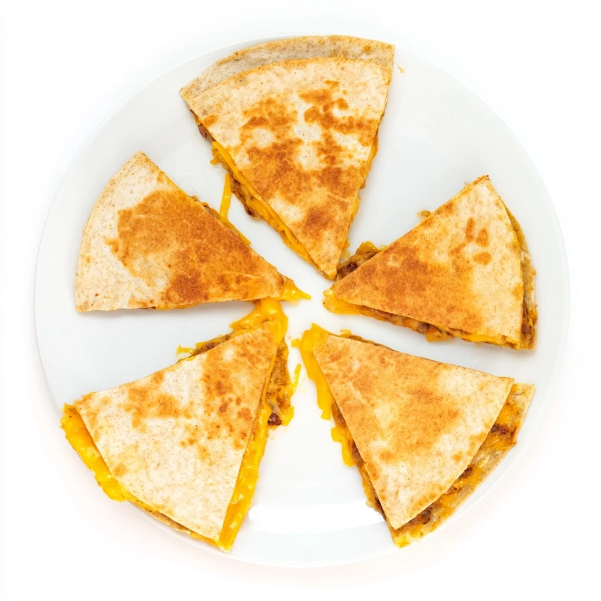 Golden-brown bean and cheese quesadillas, oozing melted cheese, ready to slice and serve hot.