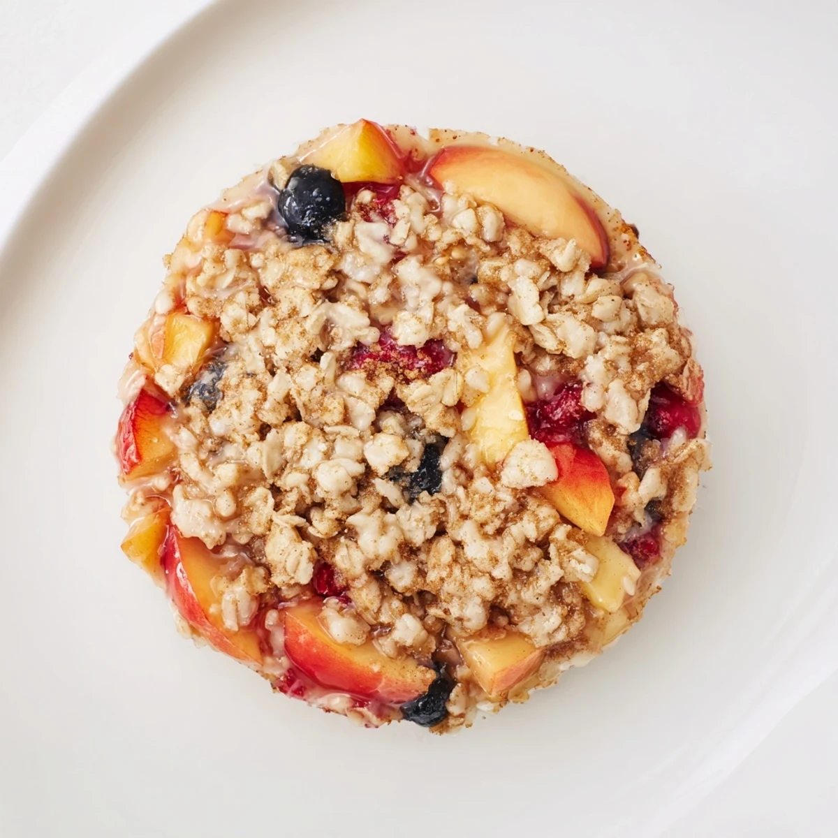 View of a home-baked Fruit Crisp featuring sweet frozen fruit, served warm with a scoop of vanilla.