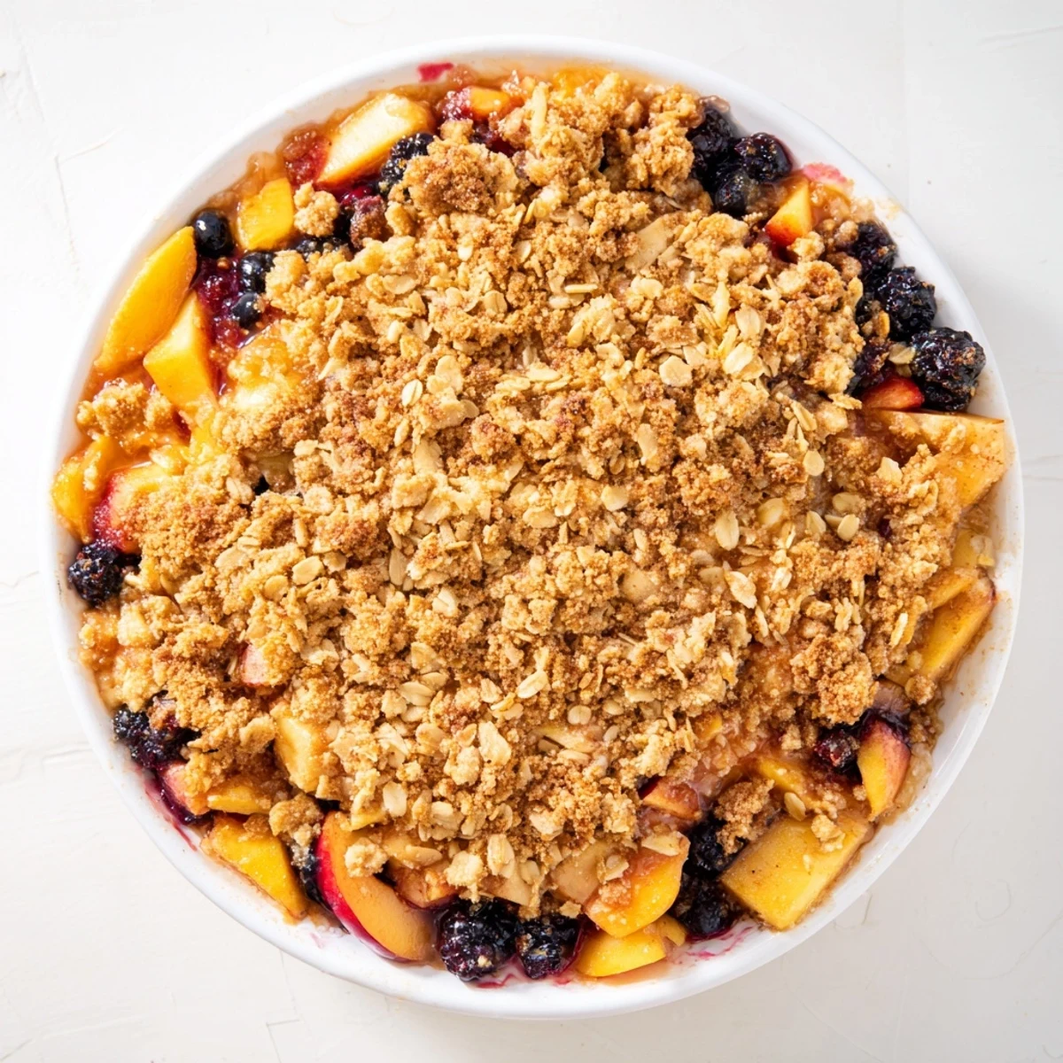 Warm Fruit Crisp with frozen fruit, bubbling and golden, ready for a delicious dessert.