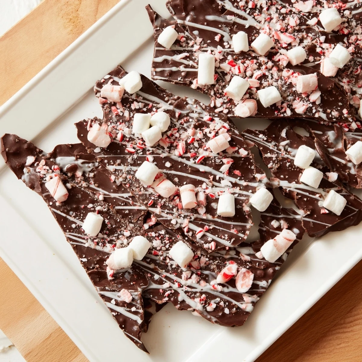 Homemade Hot Chocolate Bomb Bark, featuring a swirl of white chocolate drizzle and crushed peppermint candies.