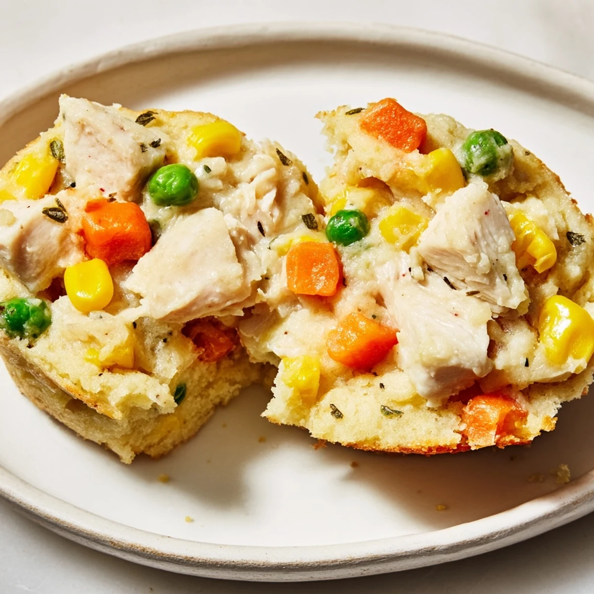 Golden-brown Mini Chicken Pot Pie Cornbread Muffins with a savory filling, ready to serve.