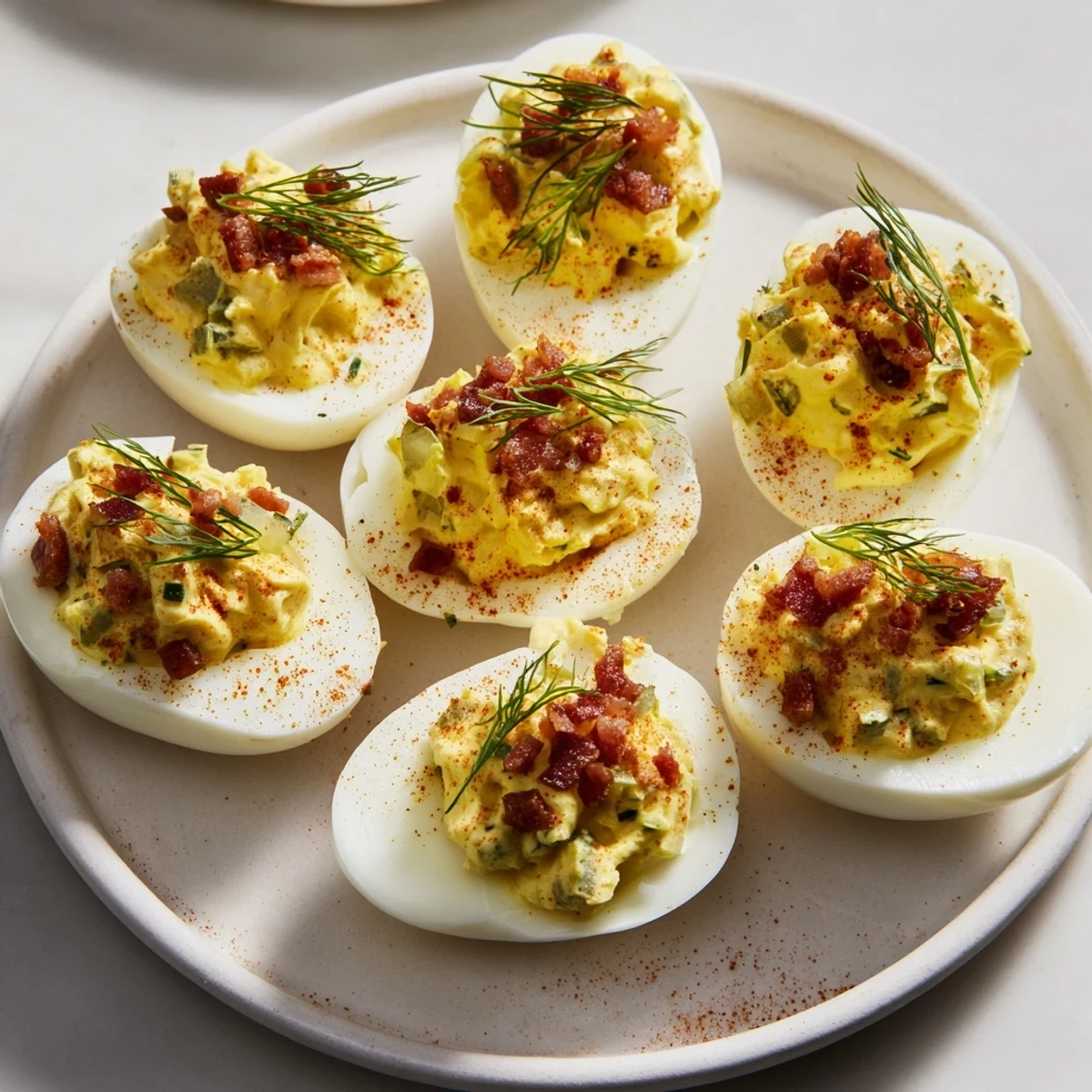 Gourmet loaded deviled eggs with vibrant green herbs and a dusting of smoky paprika.
