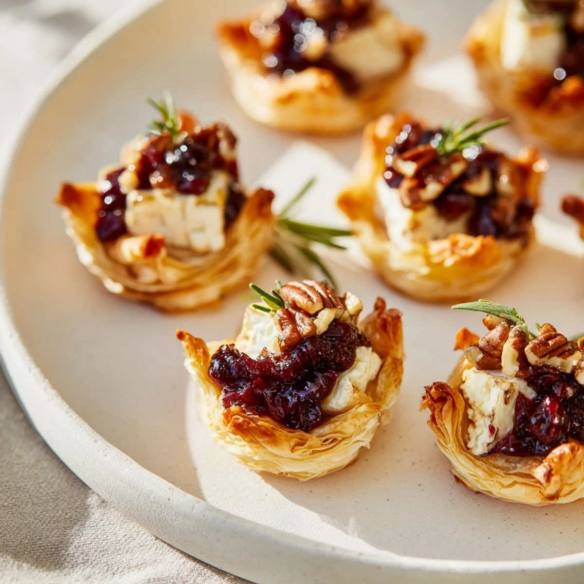 Golden, bubbly Quick Cranberry Brie Bites with melting cheese and vibrant cranberry topping, ready to eat.