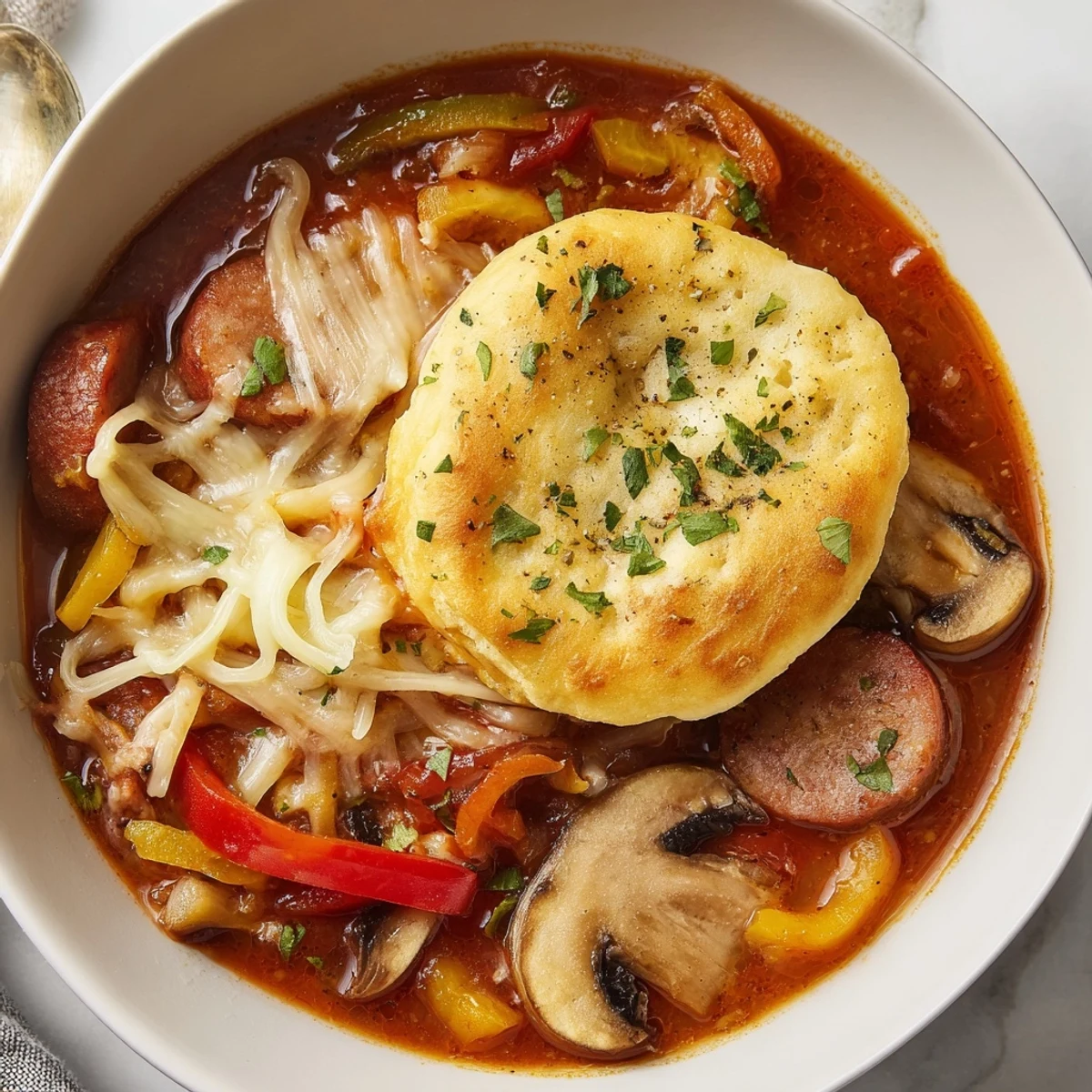 Homemade Pizza Pot Pie Soup mashup served hot in a bowl, ready to cozy you up this evening.