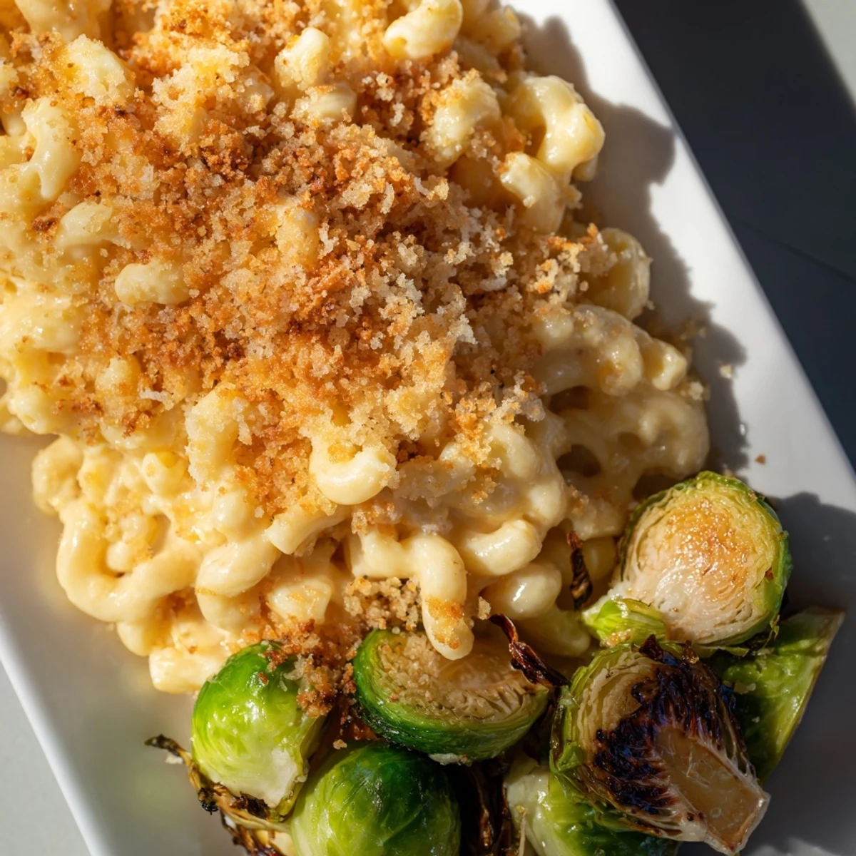 Golden-brown sheet pan mac and cheese with roasted Brussels sprouts, ready to serve and enjoy.