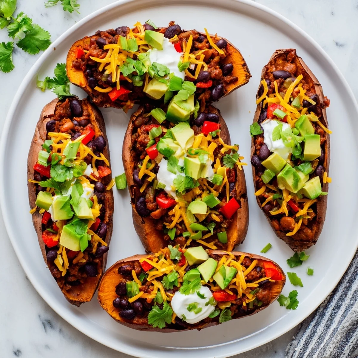 Warm, inviting image of savory baked sweet potato chili boats, brimming with bean-filled chili.