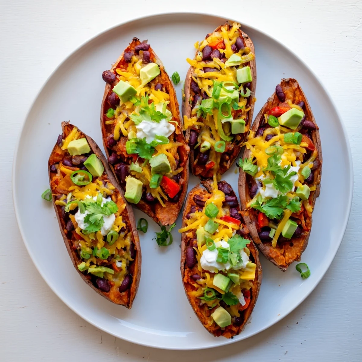 A close-up of fully loaded savory baked sweet potato chili boats, ready for a delicious bite.