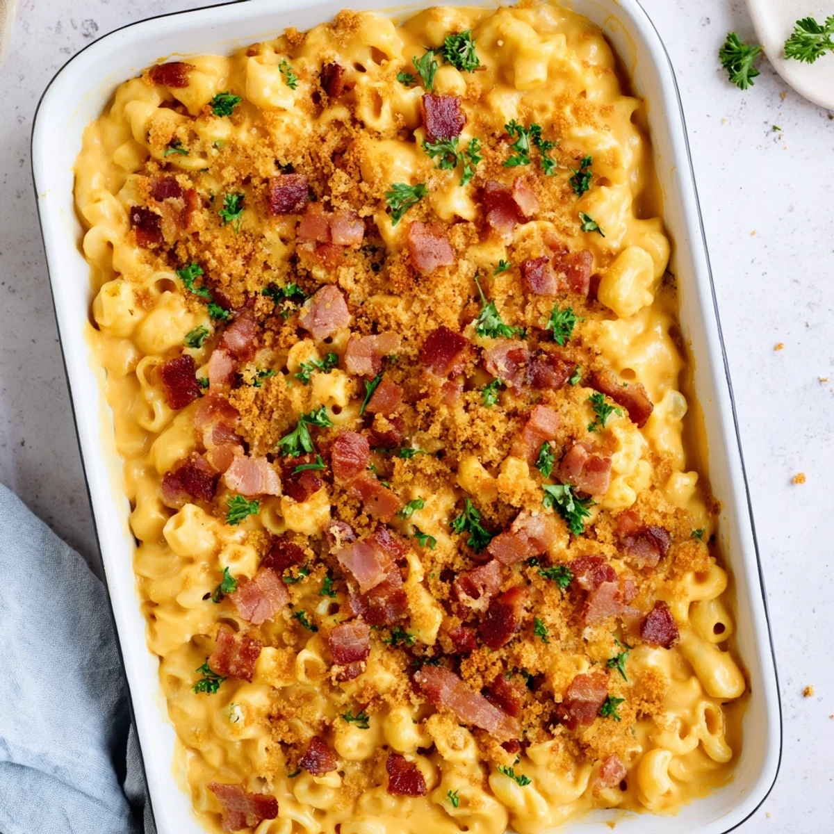Golden, bubbly sheet pan mac and cheese with a crispy bacon crumble, ready to devour.
