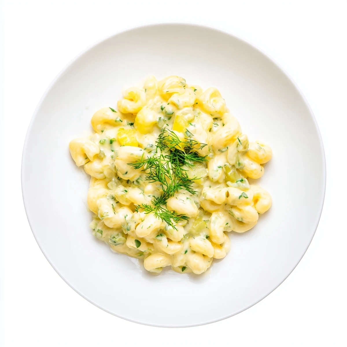 Close-up of creamy Pickle Mac and Cheese, showcasing the bright green dill and tangy flavor.